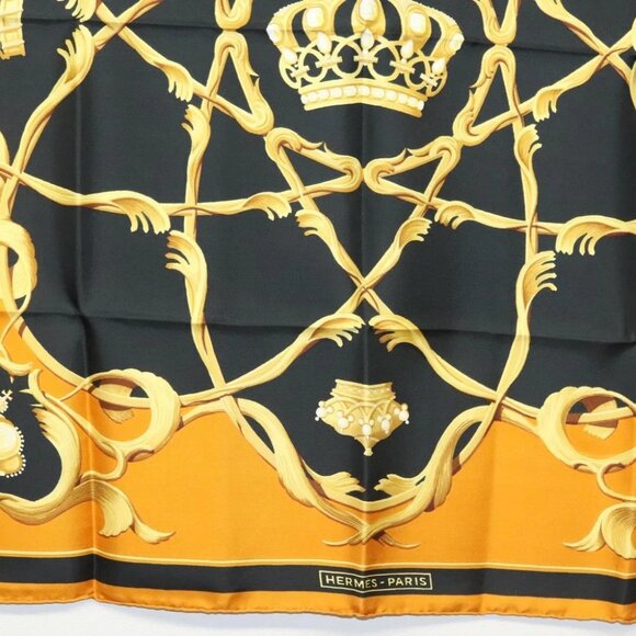 HERMES Carre 90 Scarf Crown Silk Yellow Auth am8845 - Picture 6 of 12